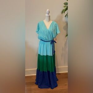 Blue and Green Colorblock V-Neck Maxi Dress with Braided Belt